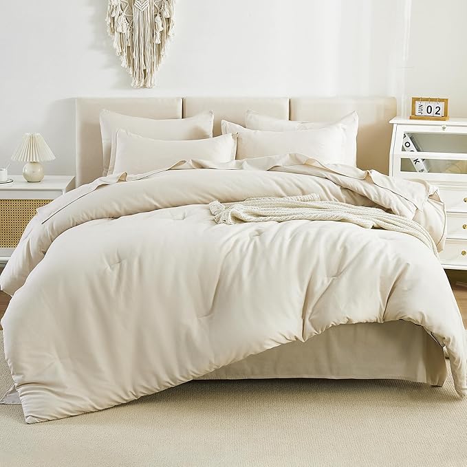 Litanika Bed in a Bag Queen Beige - 7 Pieces Queen Comforter Set Bedding Comforter Sets, Solid Fluffy Bed Set with Comforter, Sheets, Pillowcases & Shams