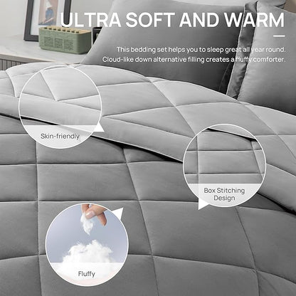 Love's cabin King Size Comforter Set Grey, 7 Pieces King Bed in a Bag, All Season Bedding Sets with 1 Comforter, 1 Flat Sheet, 1 Fitted Sheet, 2 Pillowcase and 2 Pillow Sham