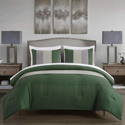 Chezmoi Collection Briar 7-Piece Queen Bed in a Bag - All Season Lightweight Microfiber Comforter Set - Includes Sheets & Shams - Forest Green/Gray/Cream Pleated Stripe Design
