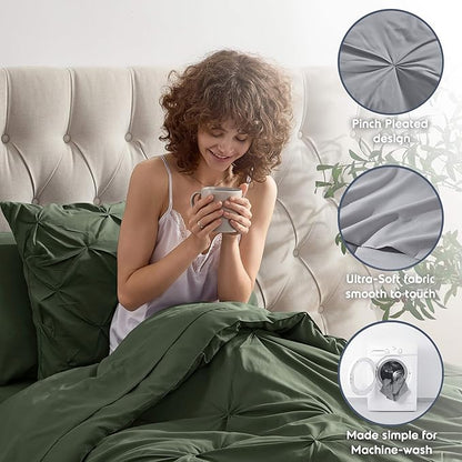 Nestl Twin XL Comforter Set 5 Piece - Pintuck Twin XL Bedding Set Olive Green, College Dorm Essentials Bed in a Bag, Twin XL Comforter Set for College Girls and Boys with Sheets, Pillowcase and Sham