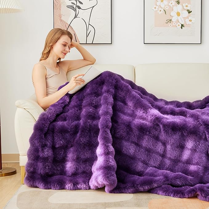 Latepis Faux Fur Twin Purple Blanket Plush 60x80 Inch Cute Fluffy Warm Bubble Blankets for Couch Bedroom Soft Blankets for All Seasons Cozy Blanket for Woman Gift, 860GSM