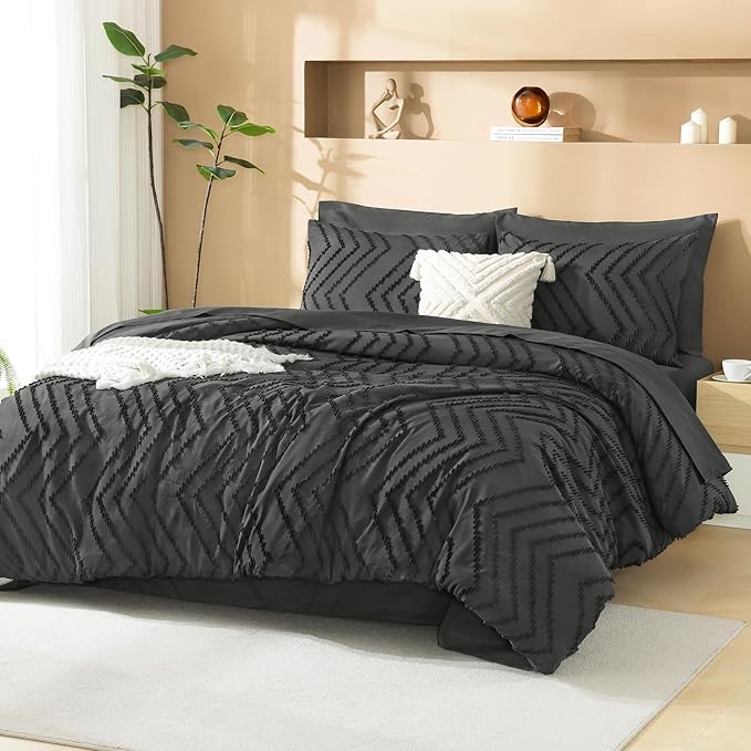 Litanika Oversized King Size Comforter Set with Sheets Dark Grey - 7 Pieces Bed in a Bag Oversized King Boho Tufted Complete Bedding Sets with Comforter, Sheets, Pillowcases & Shams