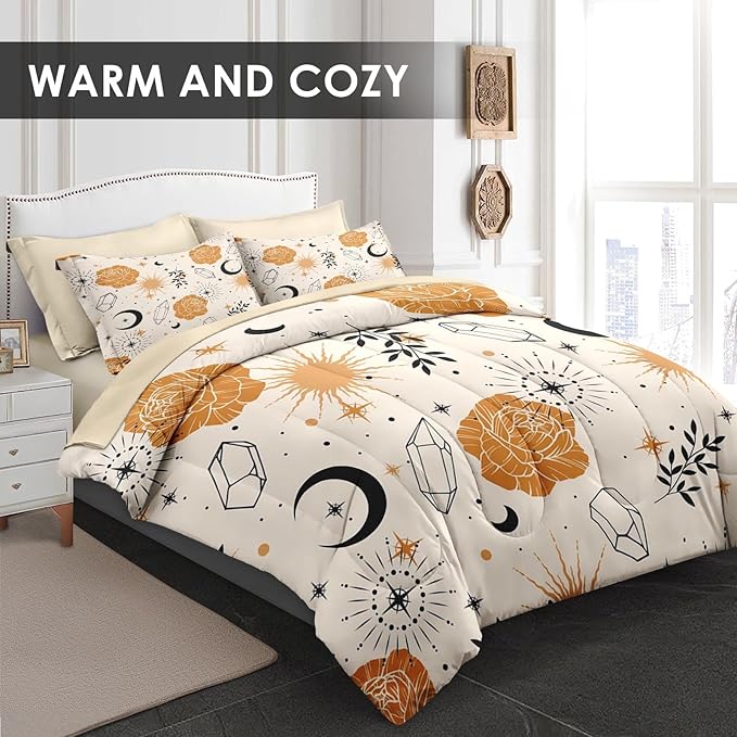 Comforter Set King Size, Plants Boho Astrology 7 Pcs Bedding for Kids and Adults, Vintage Space Leaf Bed Sheet Sets with Fitted Sheet 2 Pillowcases & 2 Shams for Bedroom Bed Decor