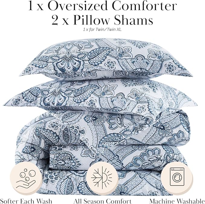 Southshore Fine Living, Inc. Oversized Comforter Bedding Set Down Alternative All-Season Warmth, Queen Coverlet, Soft Bohemian Paisley Bedspread 3-Piece and 2 Matching Shams, Full/Queen, Blue