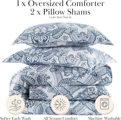 Southshore Fine Living, Inc. Oversized Comforter Bedding Set Down Alternative All-Season Warmth, Queen Coverlet, Soft Bohemian Paisley Bedspread 3-Piece and 2 Matching Shams, Full/Queen, Blue