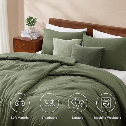 WRENSONGE Double Twin XL Comforter Set - 4 Pieces Prewashed Olive Green Bedding Set for All Seasons Soft Lightweight 2 Comforters (55" x 90") with 2 Pillow Shams