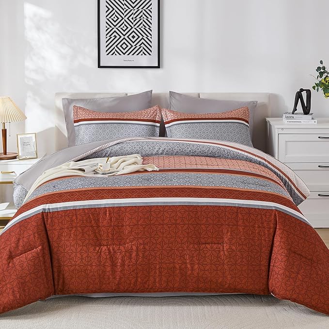 WONGS BEDDING 7 Pieces Comforter Set Queen Size, Burnt Orange Striped Bed in a Bag Comforter and Sheet Set, Boho Soft Lightweight Micorfiber Bedding Set for All Season (90"×90")