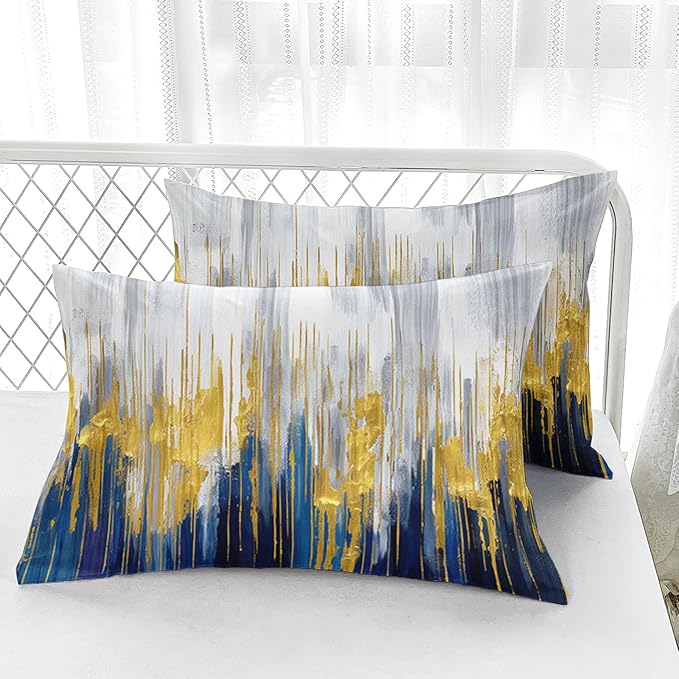 Blue White Gold Gradient Color Print Comforter Set Twin Size,Abstract Art Bedding Set,Patchwork Printed Quilted Set for Teens Adult,with 1 Comforter and 2 Pillow Case