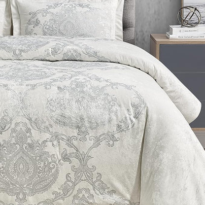 Sunshine Nicole Metallic Print Comforter Set, Distressed Velvet Face with Metallic Print and Brushed Solid Microfiber Reverse, with Light Weight Soft Poly Fill, 5 Pieces Light Ivory Silver, King