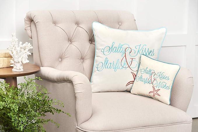 C&F Home Salty Kisses Starfish Wishes Embroidered Cotton Small Petite Mini Accent Pillow 10" x 10" All Seasons Summer Beach House Inspirational Quote Coastal Home Living Room Sofa Couch Chair Bed