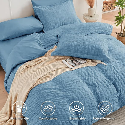 HYMOKEGE Mineral Blue Twin XL Comforter Set Seersucker 5 Pieces, All Season Luxury Bed in a Bag for Bedroom, Bedding Set with Comforter, Sheets, Pillowcase & Sham