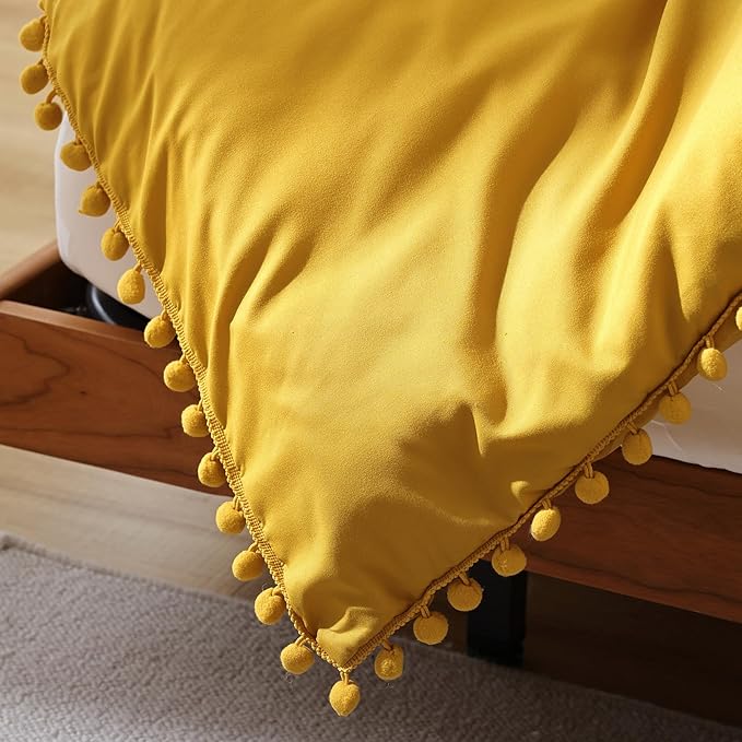 YIRDDEO King Size Comforter Set - King Size Comforter with Ball Pom Fringe, Soft King Bedding Set for All Seasons - 3 Pieces, 1 Comforter (104"x90"inches) & 2 Pillow Shams(20"x36"), Mustard Yellow
