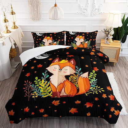 Cartoon Fox Comforter Set 3-Pieces Cute Fox Bedding Set Moon Plants Leaves Printed Quilt Set for Kids Boys Girls with 2 Pillowcases Queen