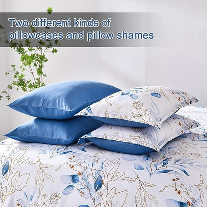 WONGS BEDDING 7 Pieces Blue Floral Bed in a Bag King, Botanical Comforter Set Reversible Blue Gold Leaves Bedding Set King (1 Comforter,2 Pillowcase,2 Pillow Shams,1 Flat Sheet,1 Fitted Sheet)