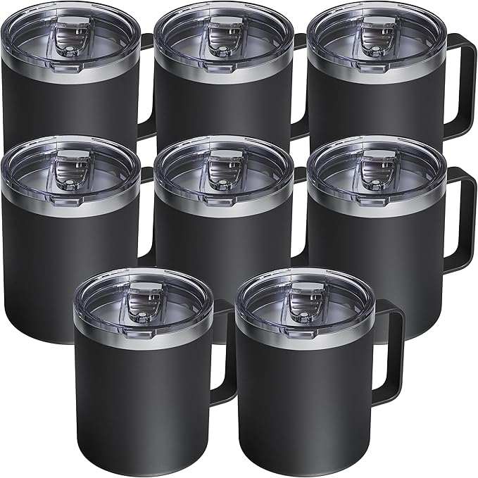 8 Pack 12oz Insulated Coffee Mug with Lid – Double Wall Stainless Steel Travel Cups with Handle, Keep Hot & Cold Drinks, Ideal Gift for Coffee Lovers, Home, Office & Camping, Black