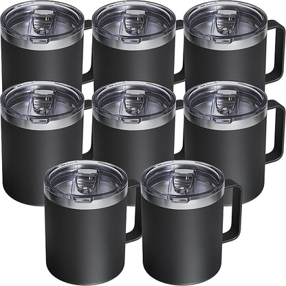 8 Pack 12oz Insulated Coffee Mug with Lid – Double Wall Stainless Steel Travel Cups with Handle, Keep Hot & Cold Drinks, Ideal Gift for Coffee Lovers, Home, Office & Camping, Black