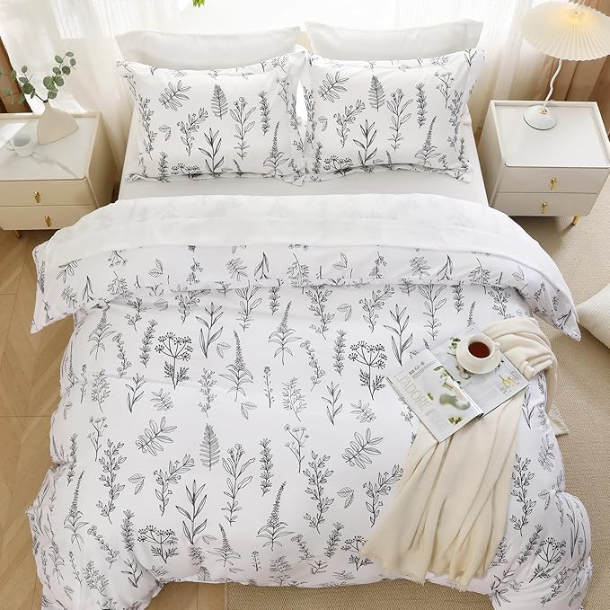 MUXHOMO White Full Comforter Set, Elegant Floral Print Bed in a Bag 7 Pieces, Ultra Soft & Breathable Reversible Botanical Pattern Bedding Set with Comforter, Sheets, Pillowcases, and Shams