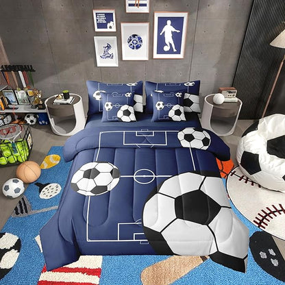 Erosebridal Football Bedding Set King Size 7 Pieces Boys Sports Theme for Teens Soccer Ball Pattern Bed in a Bag Football Court Comforter Set with Sheets Playground Blue White for Kids Girls