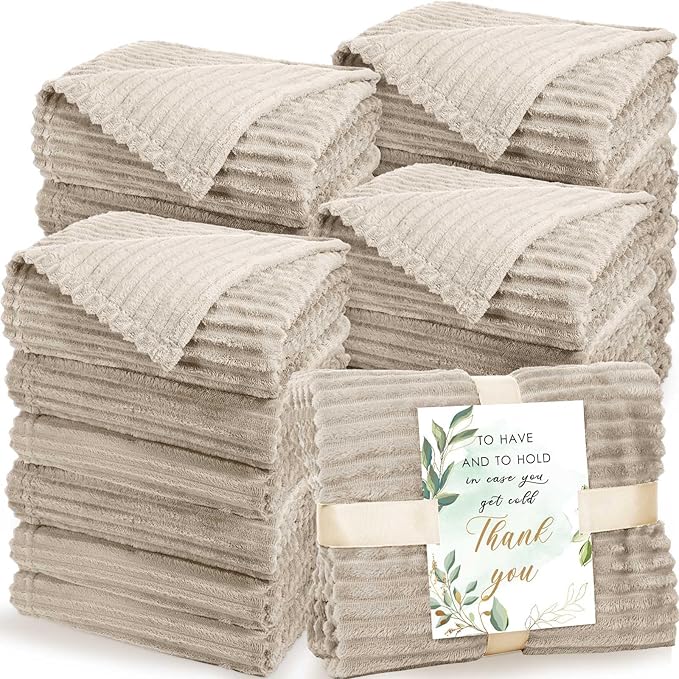Buryeah 24 Pcs Wedding Flannel Fleece Throw Blanket Bulk with Thank You Card and Ribbon, 50 x 60 in Oeko-TEX Standard 100 Certified Blankets Outdoor Wedding, Guest Party Souvenirs (Khaki)