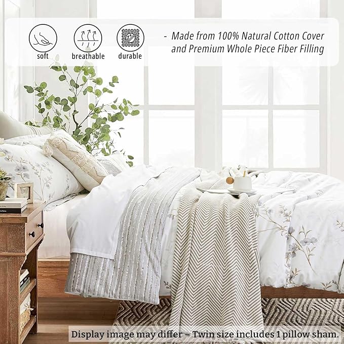 Vintage Botanical White Cotton Comforter Twin Size - Elegant Gray Flowers and Taupe Branches on White, Light Gray Striped Back, 2PC Lightweight Bedding Set with Soft Alternative Fill