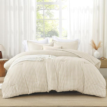 Andency Beige Gingham Comforter Set Queen(90x90Inch), Cream Checkered Grid Plaid Buffalo Bed Set for Girls Boys Kids Teens, 3 Pieces Lightweight Microfiber Geometric Preppy Bedding