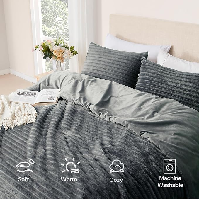 Geniospin Fleece King Size Comforter Set, Soft Fuzzy Fleece King Bedding Set, 3-Pieces Grayish Blue Comforter Set for All Season, Warm Fluffy Comforter with 2 Pillow Cases