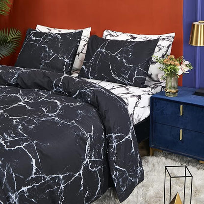 CLOTHKNOW Black White Full Size Comforter Sets 3Pcs Marble Bedding Comforter Sets Soft All Season Black Comforters with 2 x Pillow Cases
