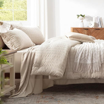 Zzlpp Full Comforter Set 7 Pieces, Beige Seersucker Bed in a Bag with Comforter and Sheets, All Season Bedding Sets with 1 Comforter, 2 Pillow Shams, 2 Pillowcases, 1 Flat Sheet, 1 Fitted Sheet