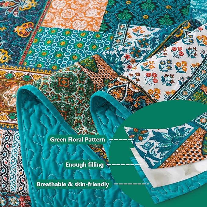 BEDIFANY Cotton Queen Size Quilt Set, Lightweight Bedspread Queen Coverlet, Soft Farmhouse Quilt Bedding Sets for Bed Decorations All Seasons (3 Pieces, Green)