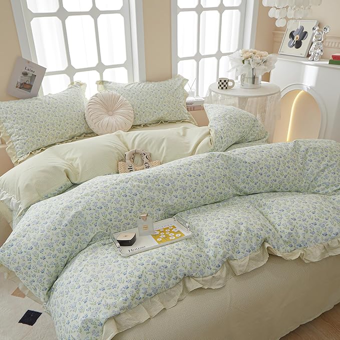 HighBuy Blue Floral Comforter Set Twin XL with Lace Edge Reversible Stripes Ruffled Comforter with 2 Lace Pillowcases Fluffy Coquette Cottagecore Botanical Bedding Comforter for Teen Girls