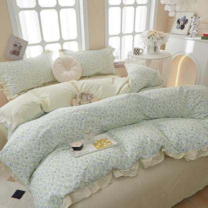 HighBuy Green Ruffle Comforter Set Queen Lace Edge Blue Flower Bedding Comforter Set Coquette Cottagecore Bedding Set with 1 Romantic Comforter 2 Lace Pillow Shams for Teen Girls All Seasons