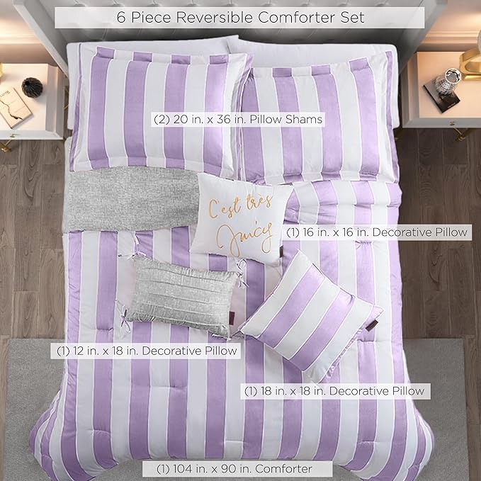 Juicy Couture Cabana Stripe Reversible Bedding Set - King Size - Lavender/White Stripe Print – 6 Piece Set – Includes 1 104" x 90" Comforter, 3 Decorative Pillows, 2 Shams