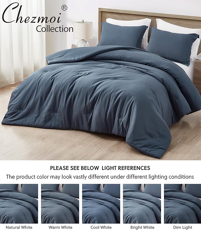 Chezmoi Collection Cliff 3-Piece Lightweight Cooling Comforter Set, Queen- Rayon Derived from Bamboo & Polyester Blended, Soft Breathable Bedding for Hot Sleepers, Steel Blue
