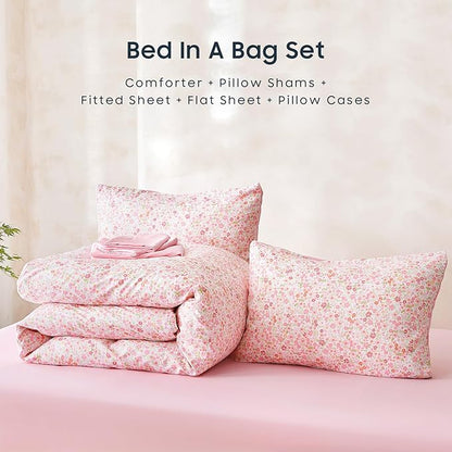 Wake In Cloud - Floral Comforter Set with Sheets, Cute Vintage Flower Cottagecore Aesthetic for Women Teen Girls, 7 Pieces Bed in a Bag, Pink, Queen Size