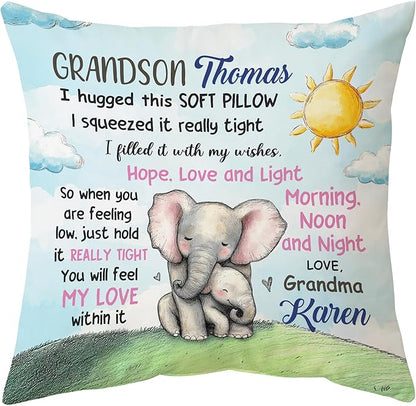 Hyturtle Personalized Grandson Pillow (Insert Included) Gifts from Grandma - Birthday Graduation for Grandson - Elephant Custom Name Sofa Couch Cushion Home Decor Pillow