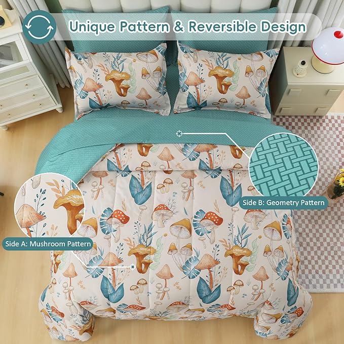Drucon Mushroom Comforter Set Twin Size 6 Pieces Bed in Bag Botanical Bedding Set with Plants, Reversible Cute Mushroom Comforter for Kids Adults Boys Girls
