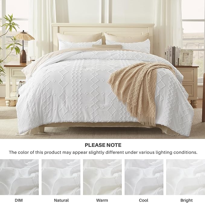 Andency White Tufted Comforter Set California King(104x96Inch), 3 Pieces(1 Boho Comforter, 2 Pillowcases) Textured Farmhouse, Soft Microfiber Down Alternative Geometric Bedding Set