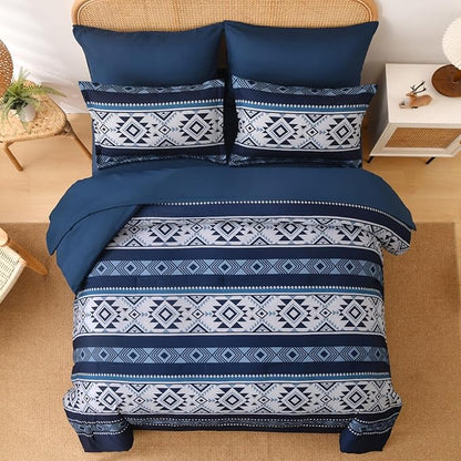 Anibedding King Size Comforter Set Navy Blue,7 Pieces Boho Bed in a Bag Aztec Western Bedding Set, Soft Microfiber Bed Comforter Set for All Season