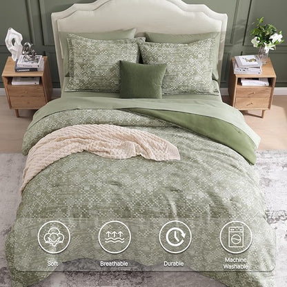 MaiRêve Queen Comforter Set Olive Green, Crinkle Textured Design Bedding Set 7 Pieces Bed in A Bag, All Season Farmhouse Comforter Set with Sheets, Pillowcases & Shams