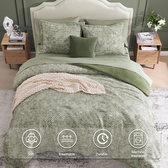 MaiRêve Full Size Comforter Set Olive Green, Crinkle Textured Design Bedding Set 7 Pieces Bed in A Bag, All Season Farmhouse Comforter Set with Sheets, Pillowcases & Shams