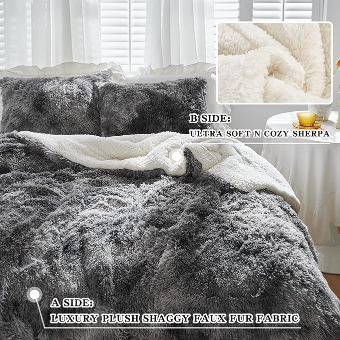 Joyreap 3-Piece Plush Shaggy Comforter Set, King Size Luxury Faux Fur Sherpa Reversible Bedding Comforter Set, Ultra Cozy Warm Fluffy Bedding Set for Winter (Tie-dye Black, 100x88 inches)