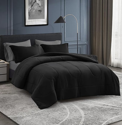 Maple&Stone Twin XL Comforter Set 5 Pieces Bed in a Bag - Down Alternative Bed Set with Sheets, Pillowcase & Sham, Soft Reversible Duvet Insert for Twin XL Bed, Black