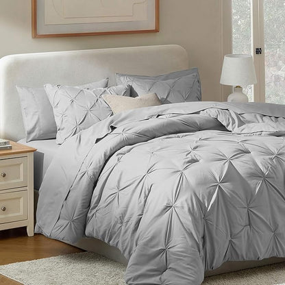 Nestl King Size Comforter Set 7 Pieces - Pinch Pleated Comforter Set Light Grey, Bed in a Bag, All Season Bed Set, Bedding Set with Flat Sheet, Fitted Sheet, Pillowcases and Shams
