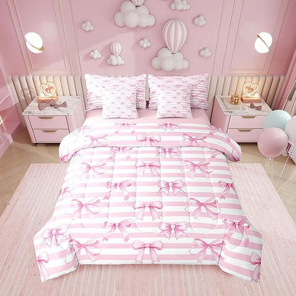 Erosebridal Bowknot Pink Bow Stripe Girly 7 Piece Bedding Set Twin | Dreamy White Geometric Comforter Set with Sheets Ribbon Cute Kawaii Bed in A Bag Kids Teens Women Bed Sets