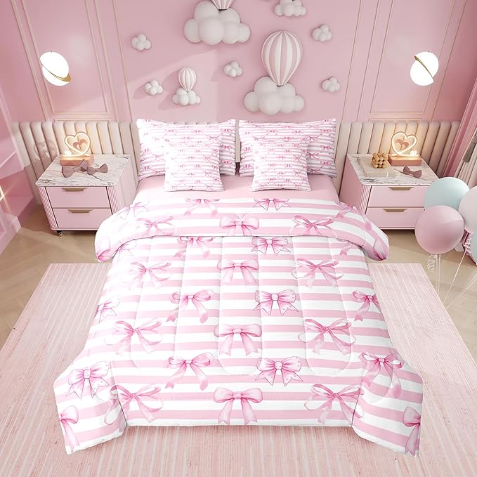 Erosebridal Bowknot Pink Bow Stripe Girly Full Comforter Set 7 Pieces | Dreamy White Geometric Bed in A Bag for Bedroom Ribbon Cute Kawaii Bedding Set with Comforters Kids Teens Women Room Decor