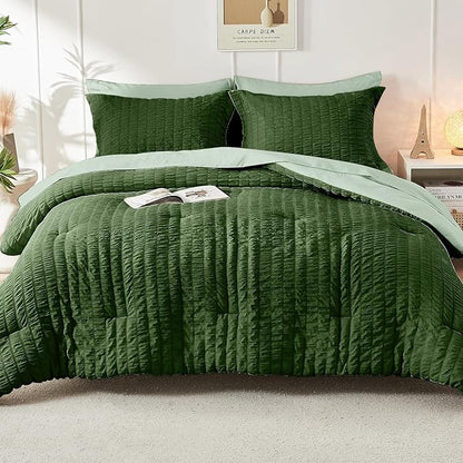 HYMOKEGE Dark Green/Sage Green Twin Comforter Set Seersucker 5 Pieces, All Season Luxury Bed in a Bag for Bedroom, Bedding Set with Comforter, Sheets, Pillowcase & Sham