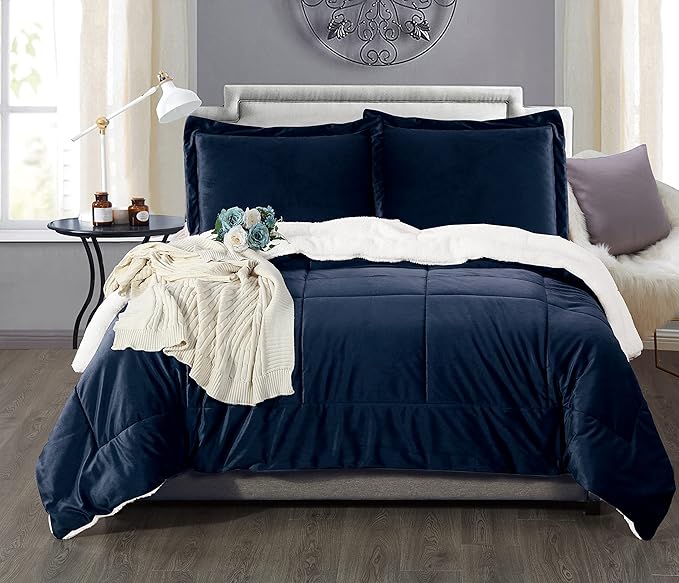 Elegant Comfort Super Soft Sherpa Comforter 3-Piece Set Premium Quality, Heavy Weight Reversible Down Alternative Micro-Suede, Sherpa Comforter, Cal King, Midnight Navy