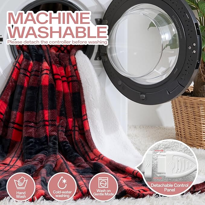 Electric Blanket Heated Twin Size-62" x 84" Red Plaid Heated Blanket with 8 Heat Levels & 10 Hours Auto Off, Fast Heating Blankets with ETL & FCC Certification