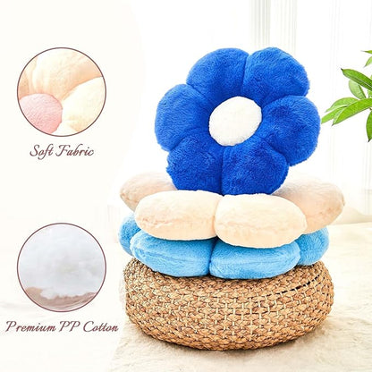 Flower Pillow Cute Decorative Throw Pillow with Faux Rabbit Fur Soft Daisy Plush Floor Cushion Aesthetic Flower Shaped Pillow Home Decor for Bed Sofa Couch (Royal Blue, 14.9 Inch)