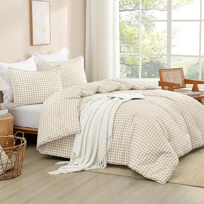 Andency Beige Gingham Comforter Set Twin(66x90Inch), Cream Checkered Grid Plaid Buffalo Bed Set for Girls Boys Kids Teens, 2 Pieces Lightweight Microfiber Geometric Preppy Bedding
